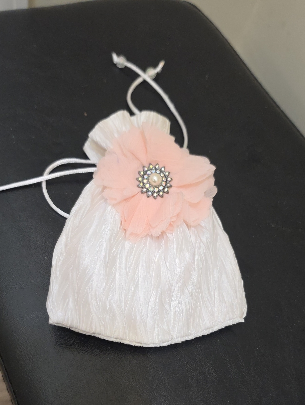 Ivory Satin Drawstring Pouch with Peach Flower Accent